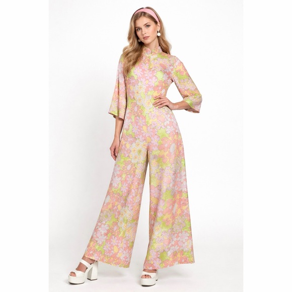 J. Peterman Pants - J. Peterman Psychedelic Floral Print Mandarin Collar Wide Leg Retro Mod Jumpsuit